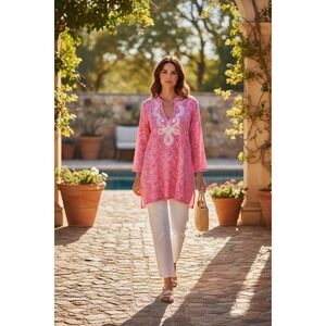 Lilly Pulitzer Tunic Top Pink White Abstract Print V Neck Long Sleeve Size S